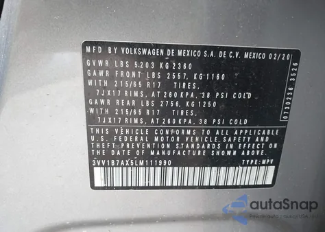 2020 Volkswagen Tiguan 2.0T S from USA, damaged, VIN 3VV1B7AX5LM111990